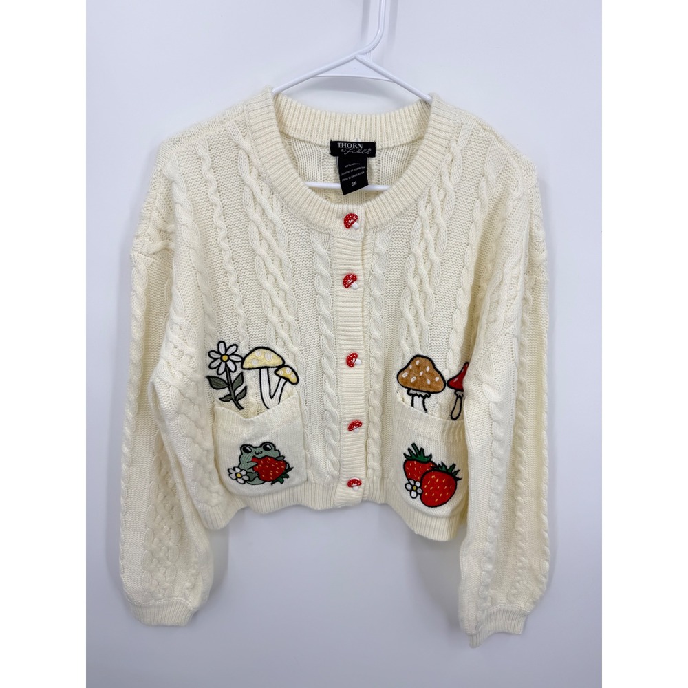 Thorn & Fable Frog Mushroom Cableโ Knit Cardigan Women Size SM Cream Embroidered